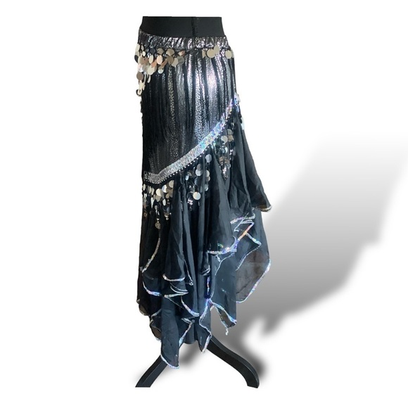 Assymetric Full Flounce Plisse Dance Midi Skirt Chiffon Faux Coins Gothic (M) - Picture 7 of 10